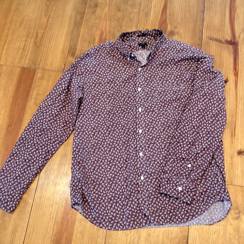 J Crew men’s button burgundy, tiny floral, XL slim long sleeve, 100% cotton